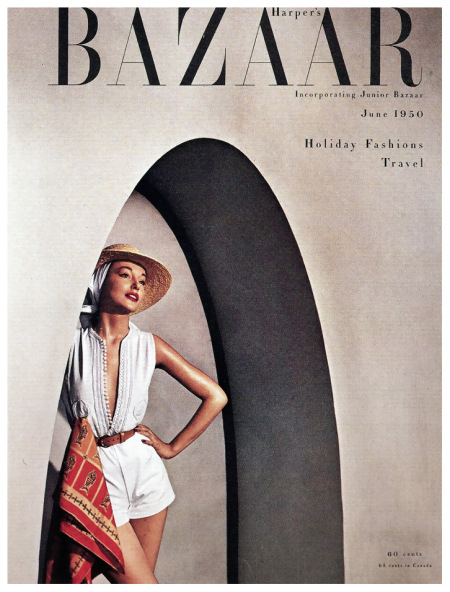 model-in-carolyn-schnurers-white-oxford-cloth-shorts-and-top-with-white-cord-passementerie-and-scarf-by-vera-photo-by-louise-dahl-wolfe-harpers-bazaar-june-1950